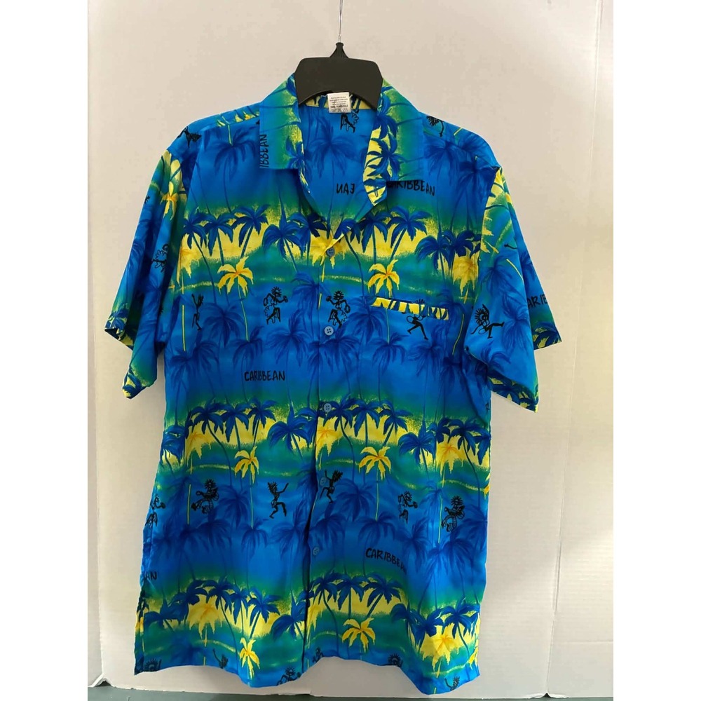 Rima Hawaiian Shirt Mens S Blue Caribbean Palm Tree Tiki Aloha Tropical Camp